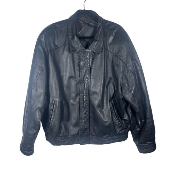 Mens‎ Black Leather Jacket XL Genuine Leather Outer Polyester Lining Elastic Hem - Picture 1 of 15